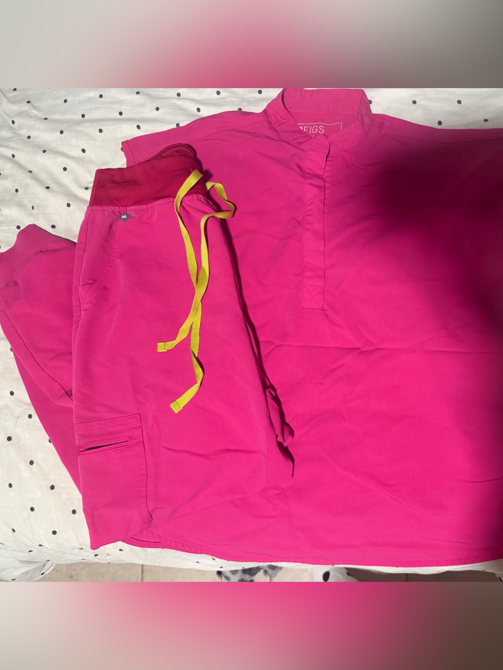 Figs Hot Pink Medical Scrub Top with Yellow Accent